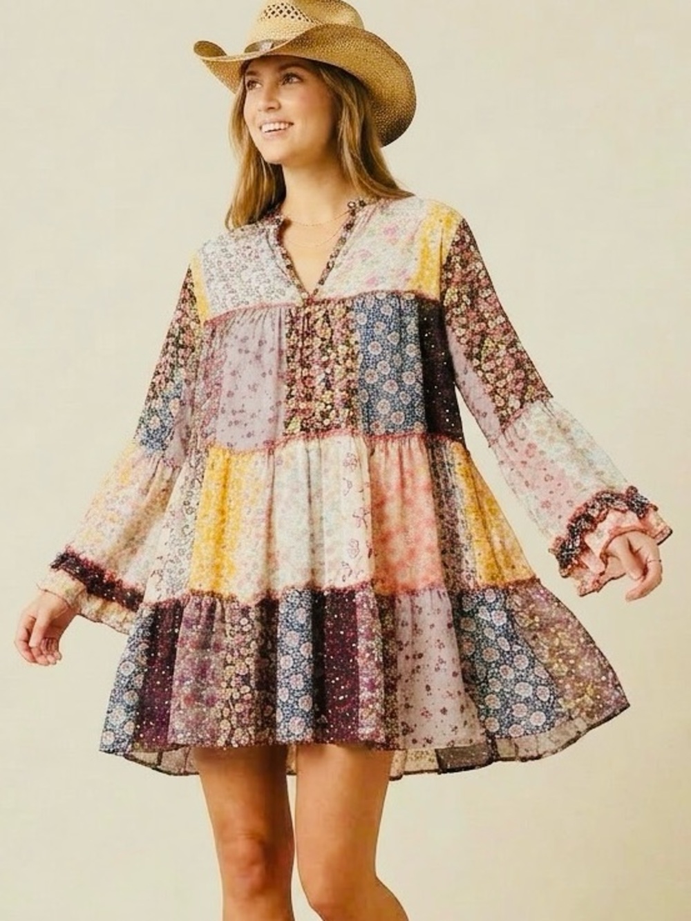 Boho Patchwork Floral Tunic Tiered Mini Dress -Young Threads Hippie Bell Sleeves